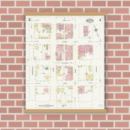 Old map wall art mockup — magnetic wood frame on brick wall — Sanborn Fire Insurance Map from Madison, Madison County, Florida (1924), Sheet #0003
