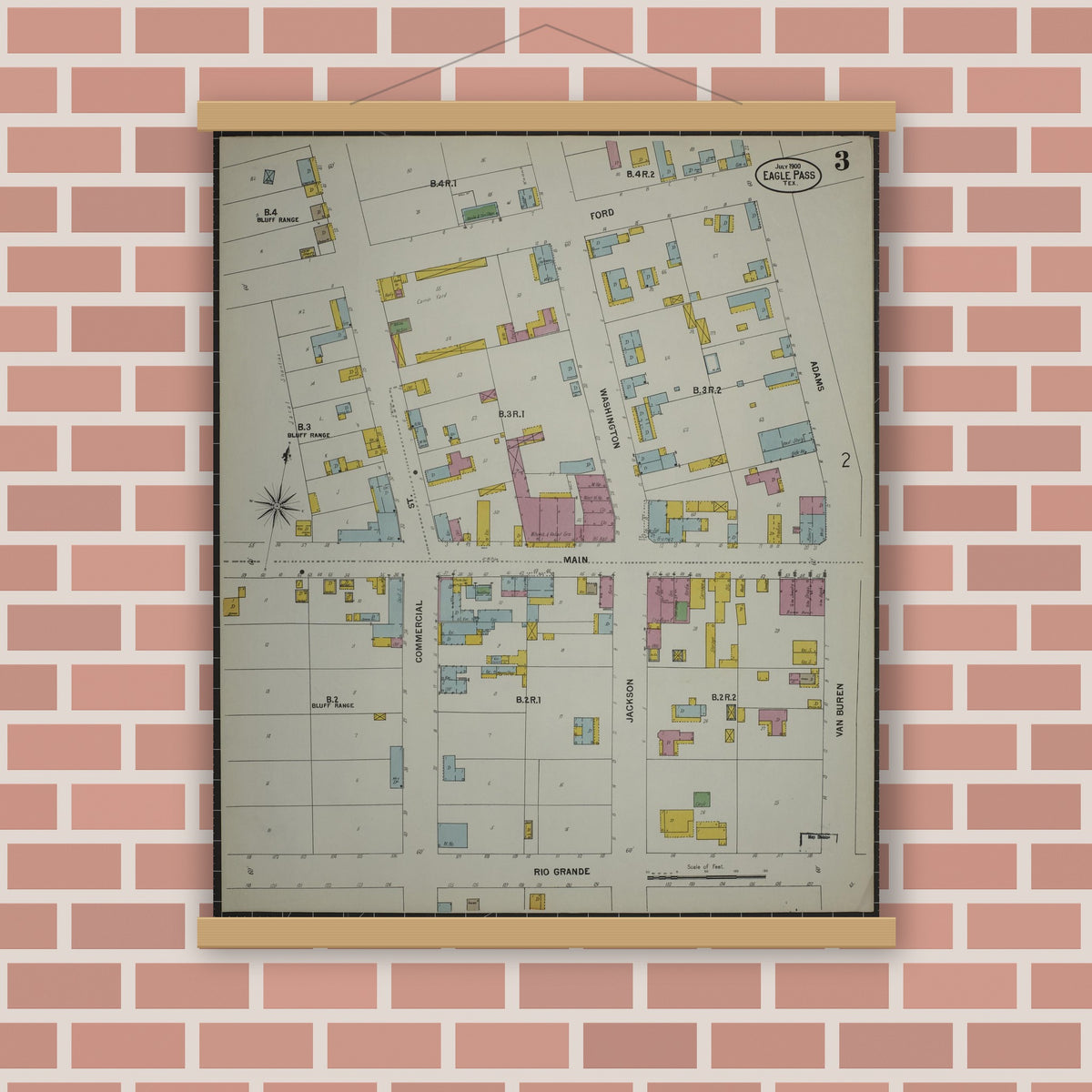 Old map wall art mockup — magnetic wood frame on brick wall — Sanborn Fire Insurance Map from Eagle Pass, Maverick County, Texas (1900), Sheet #0003