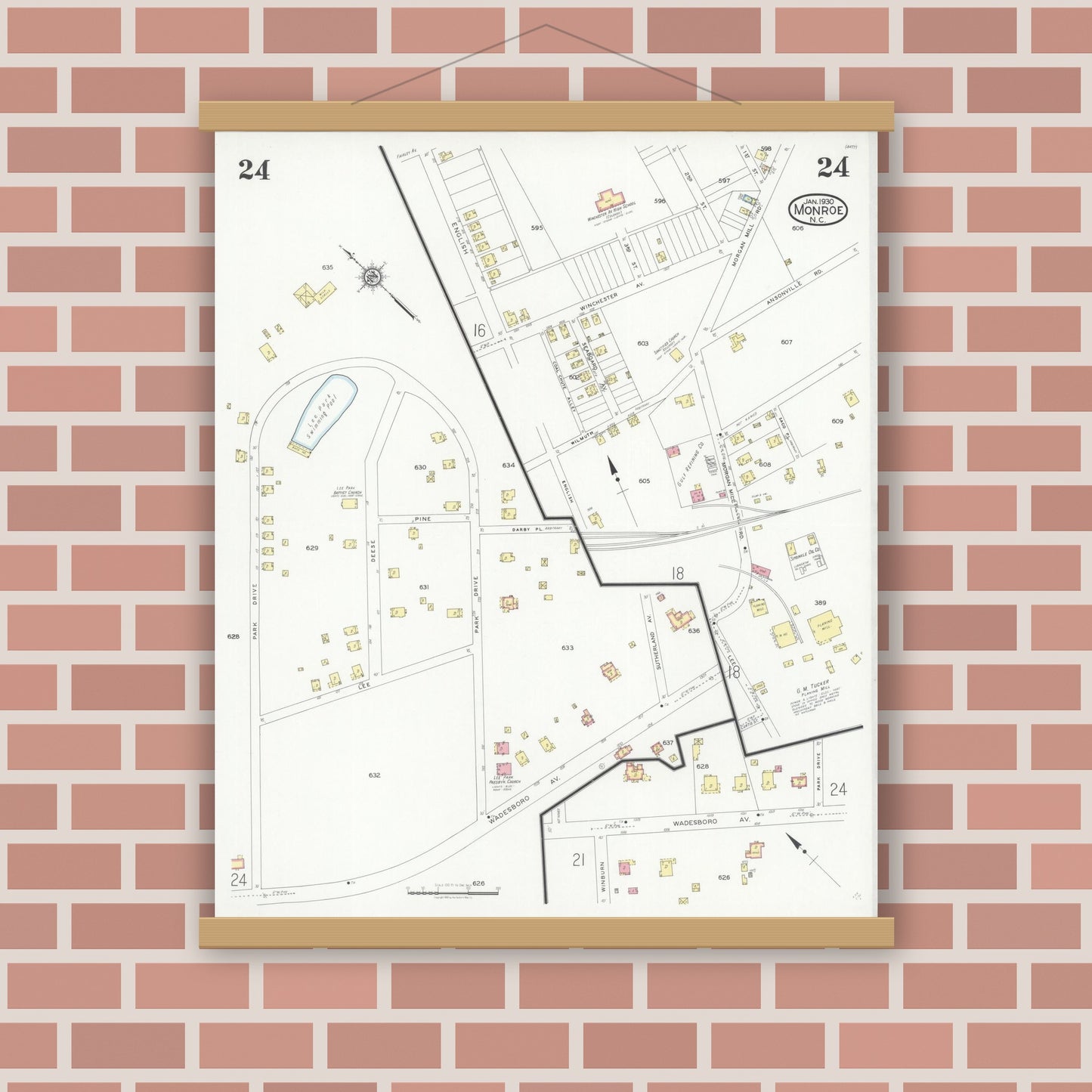 Old map wall art mockup — magnetic wood frame on brick wall — Sanborn Fire Insurance Map from Monroe, Union County, North Carolina (1930), Sheet #0024