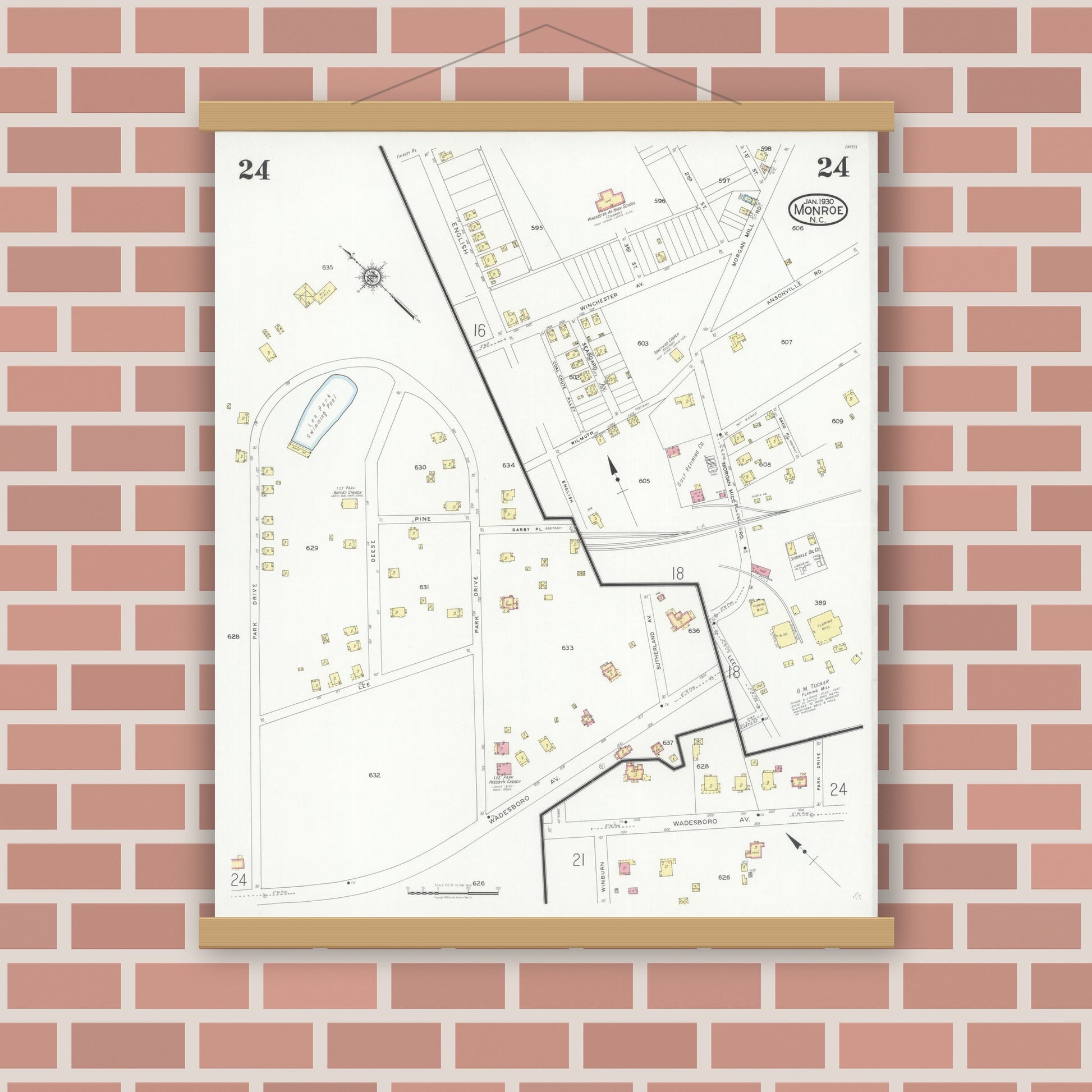 Old map wall art mockup — magnetic wood frame on brick wall — Sanborn Fire Insurance Map from Monroe, Union County, North Carolina (1930), Sheet #0024