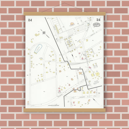Old map wall art mockup — magnetic wood frame on brick wall — Sanborn Fire Insurance Map from Monroe, Union County, North Carolina (1930), Sheet #0024