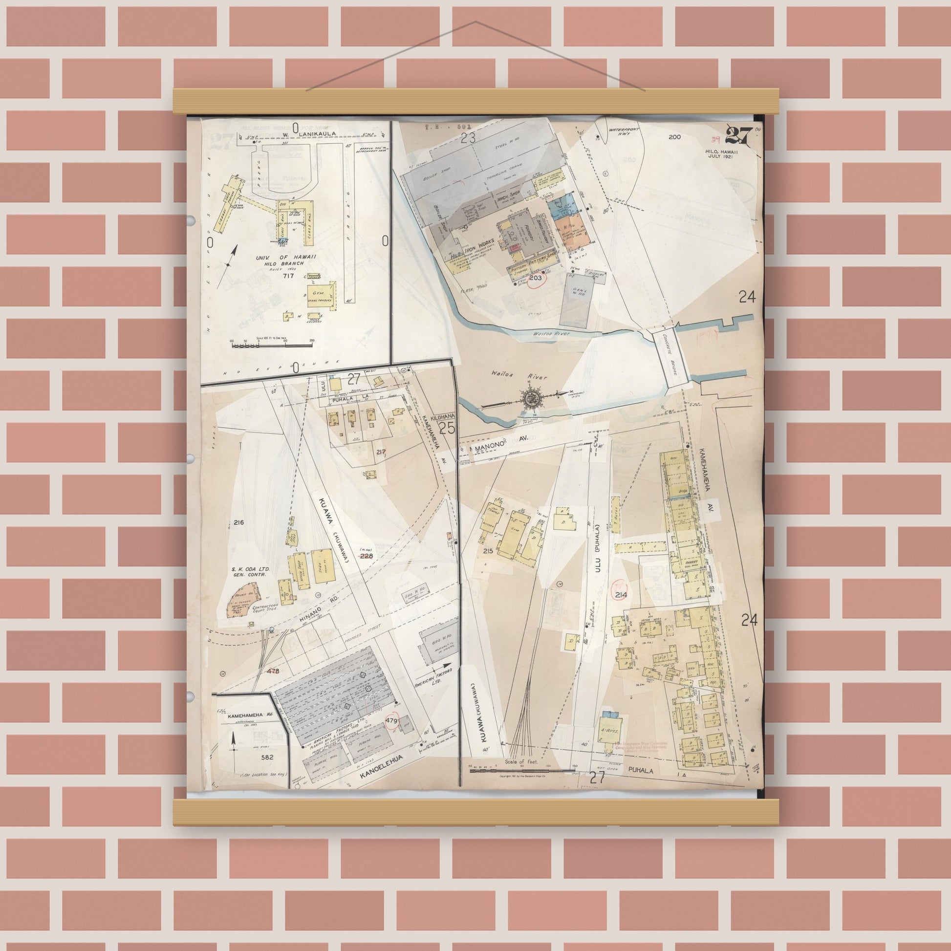 Old map wall art mockup — magnetic wood frame on brick wall — Sanborn Fire Insurance Map from Hilo, Hawaii County, Hawaii (1957), Sheet #0027