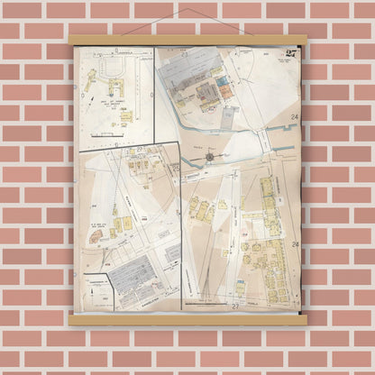 Old map wall art mockup — magnetic wood frame on brick wall — Sanborn Fire Insurance Map from Hilo, Hawaii County, Hawaii (1957), Sheet #0027