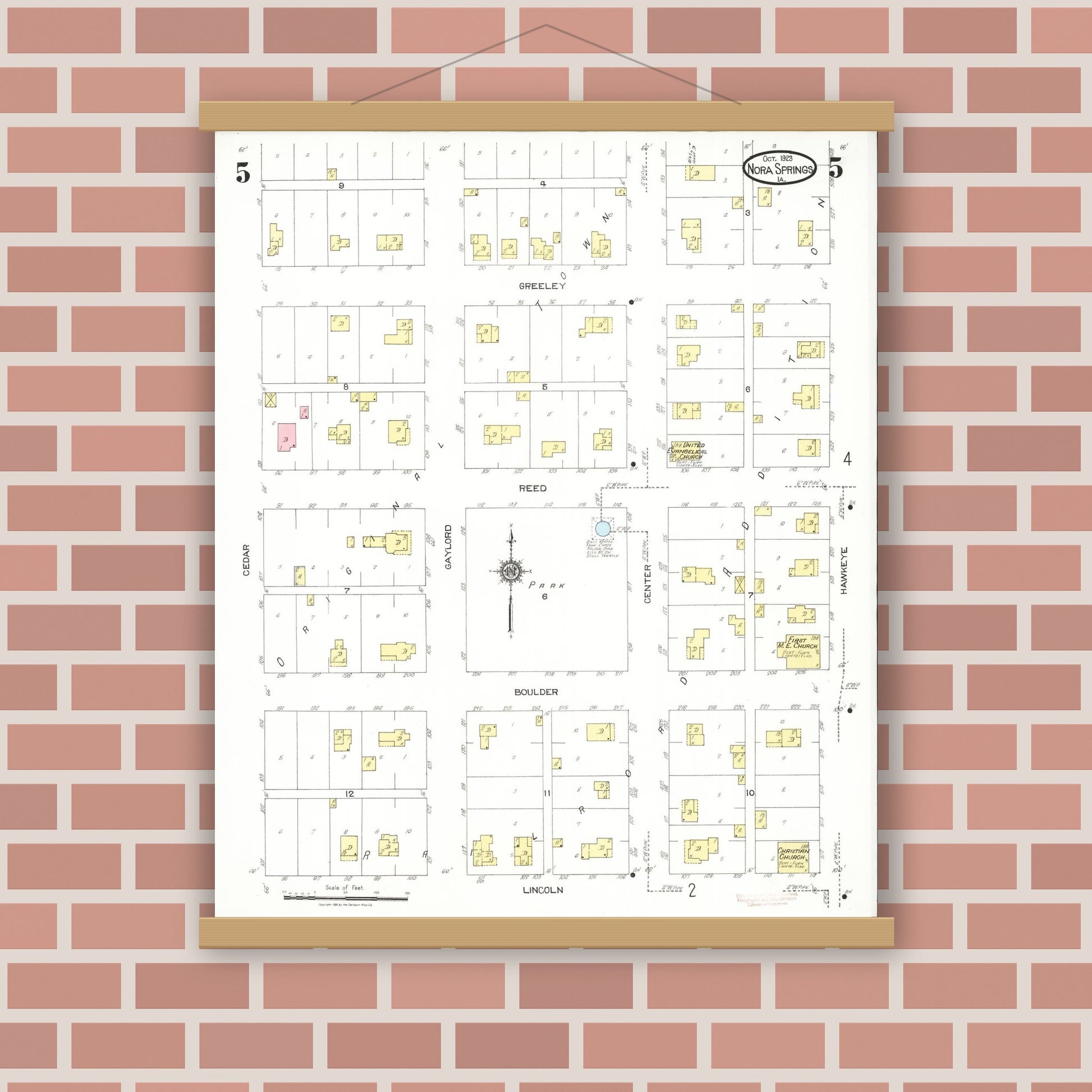 Old map wall art mockup — magnetic wood frame on brick wall — Sanborn Fire Insurance Map from Nora Springs, Floyd County, Iowa (1923), Sheet #0005