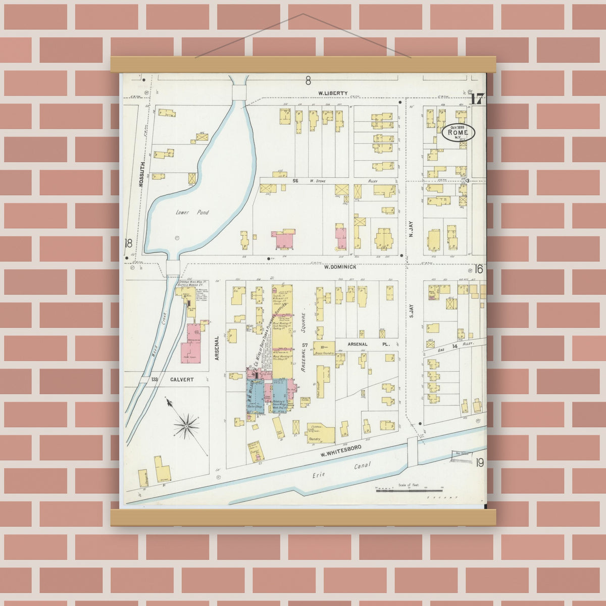 Old map wall art mockup — magnetic wood frame on brick wall — Sanborn Fire Insurance Map from Rome, Oneida County, New York (1899), Sheet #0017