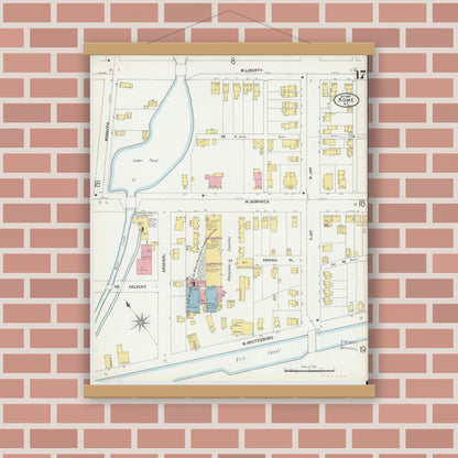Old map wall art mockup — magnetic wood frame on brick wall — Sanborn Fire Insurance Map from Rome, Oneida County, New York (1899), Sheet #0017