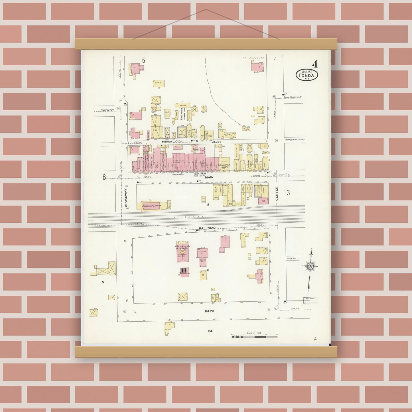 Old map wall art mockup — magnetic wood frame on brick wall — Sanborn Fire Insurance Map from Fonda, Montgomery County, New York (1912), Sheet #0004