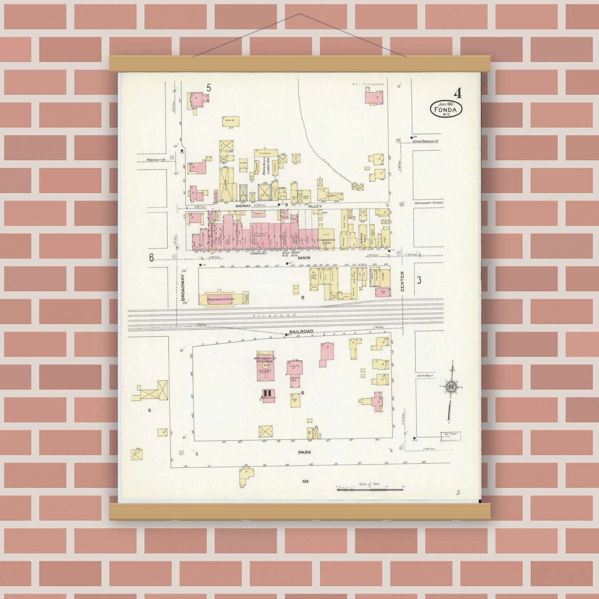Old map wall art mockup — magnetic wood frame on brick wall — Sanborn Fire Insurance Map from Fonda, Montgomery County, New York (1912), Sheet #0004
