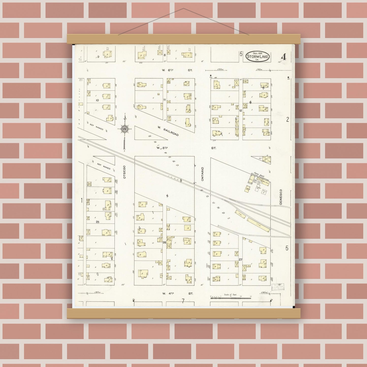 Old map wall art mockup — magnetic wood frame on brick wall — Sanborn Fire Insurance Map from Storm Lake, Buena Vista County, Iowa (1914), Sheet #0004