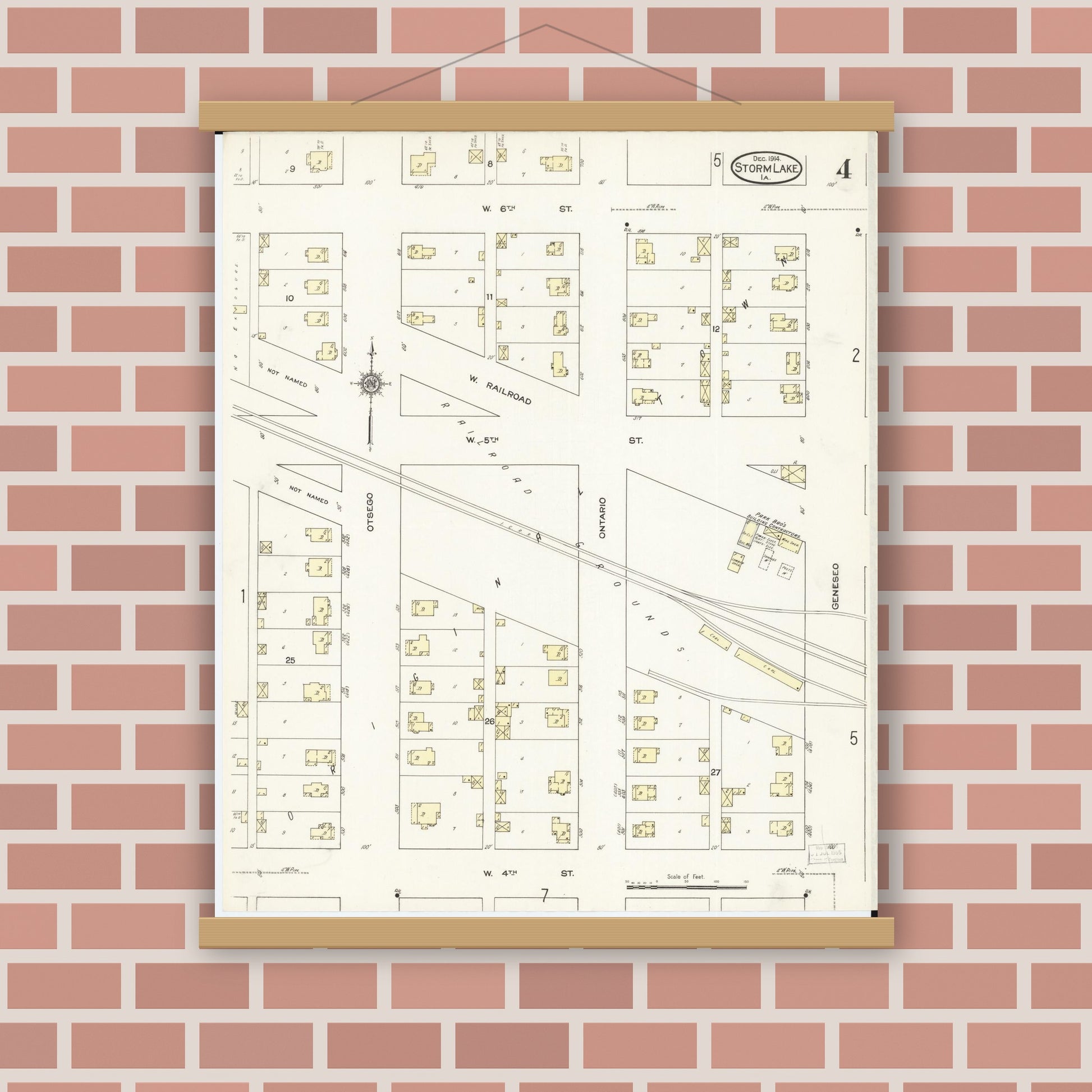 Old map wall art mockup — magnetic wood frame on brick wall — Sanborn Fire Insurance Map from Storm Lake, Buena Vista County, Iowa (1914), Sheet #0004