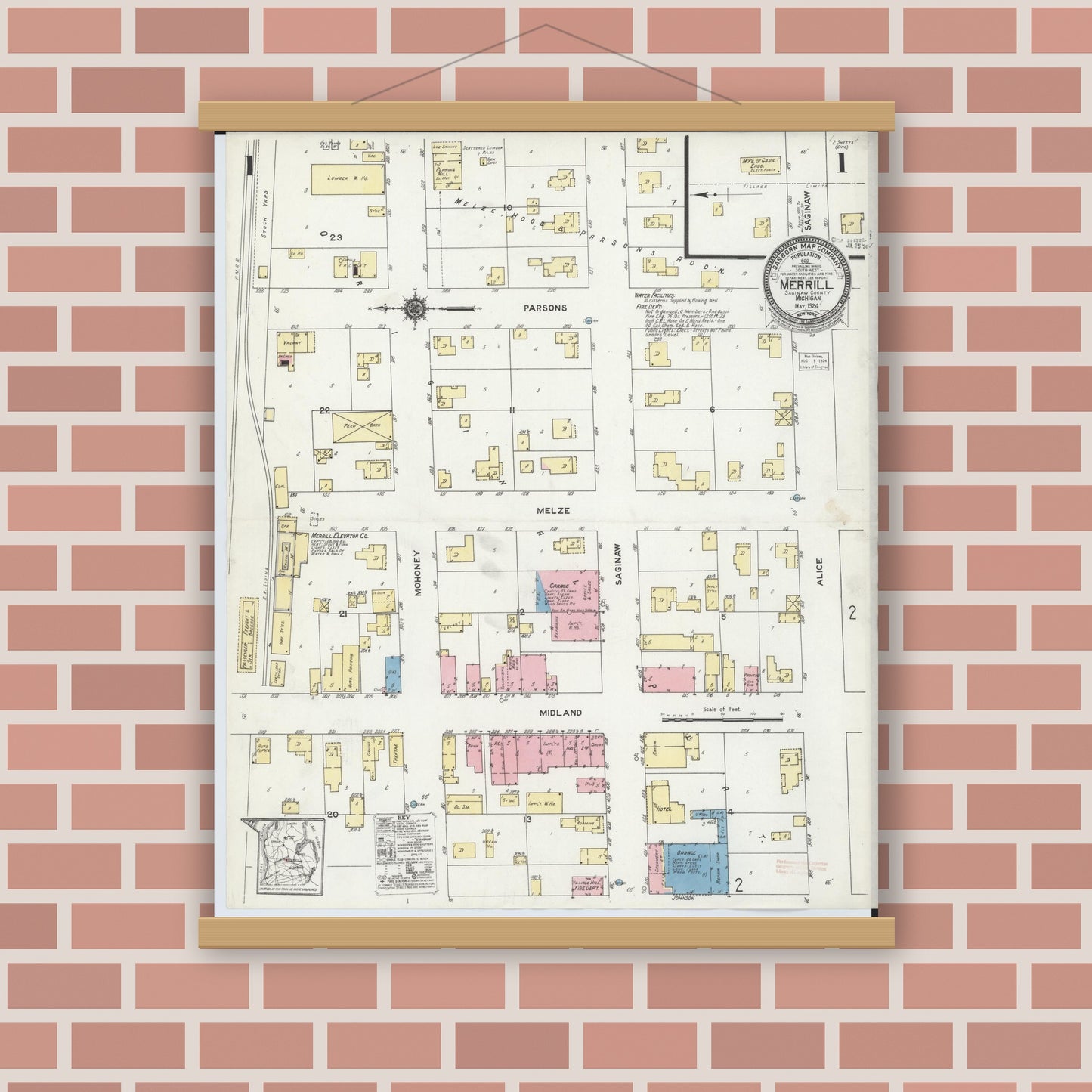 Old map wall art mockup — magnetic wood frame on brick wall — Sanborn Fire Insurance Map from Merrill, Saginaw County, Michigan (1924) - Complete Map Set