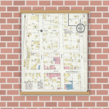 Old map wall art mockup — magnetic wood frame on brick wall — Sanborn Fire Insurance Map from Merrill, Saginaw County, Michigan (1924) - Complete Map Set