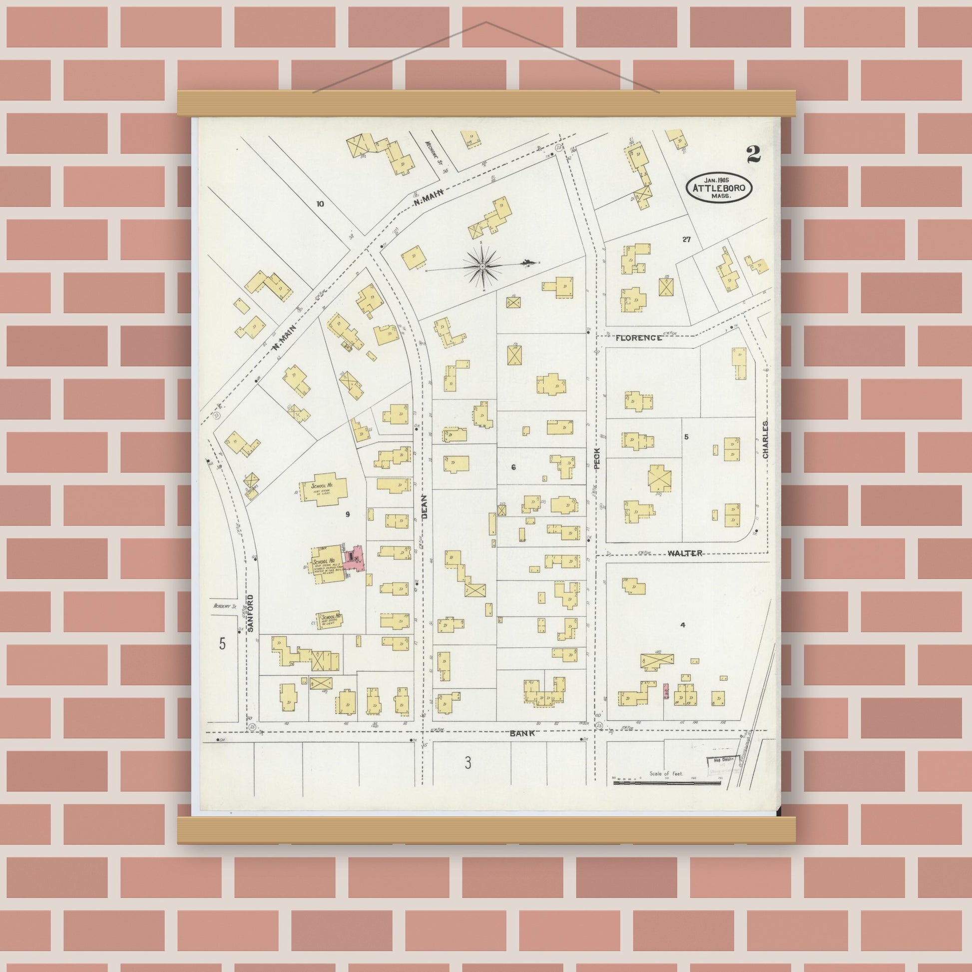 Old map wall art mockup — magnetic wood frame on brick wall — Sanborn Fire Insurance Map from Attleboro, Bristol County, Massachusetts (1905), Sheet #0002