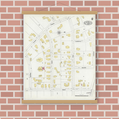 Old map wall art mockup — magnetic wood frame on brick wall — Sanborn Fire Insurance Map from Attleboro, Bristol County, Massachusetts (1905), Sheet #0002