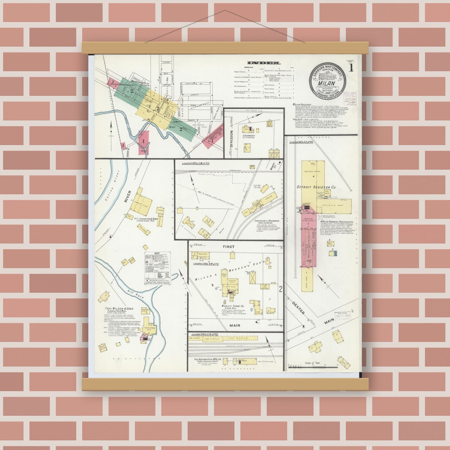 Old map wall art mockup — magnetic wood frame on brick wall — Sanborn Fire Insurance Map from Milan, Washtenaw And Monroe Counties, Michigan (1908) - Complete Map Set