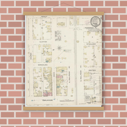 Old map wall art mockup — magnetic wood frame on brick wall — Sanborn Fire Insurance Map from Cuero, De Witt County, Texas (1885), Sheet #0001