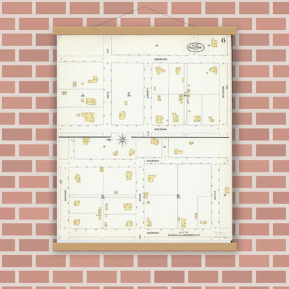 Old map wall art mockup — magnetic wood frame on brick wall — Sanborn Fire Insurance Map from Pilot Point, Denton County, Texas (1907), Sheet #0006