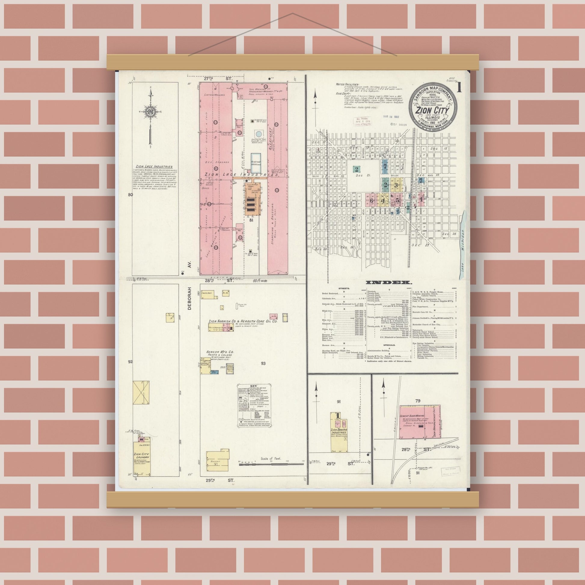 Old map wall art mockup — magnetic wood frame on brick wall — Sanborn Fire Insurance Map from Zion, Lake County, Illinois (1911), Sheet #0001