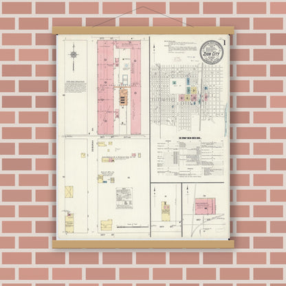 Old map wall art mockup — magnetic wood frame on brick wall — Sanborn Fire Insurance Map from Zion, Lake County, Illinois (1911), Sheet #0001