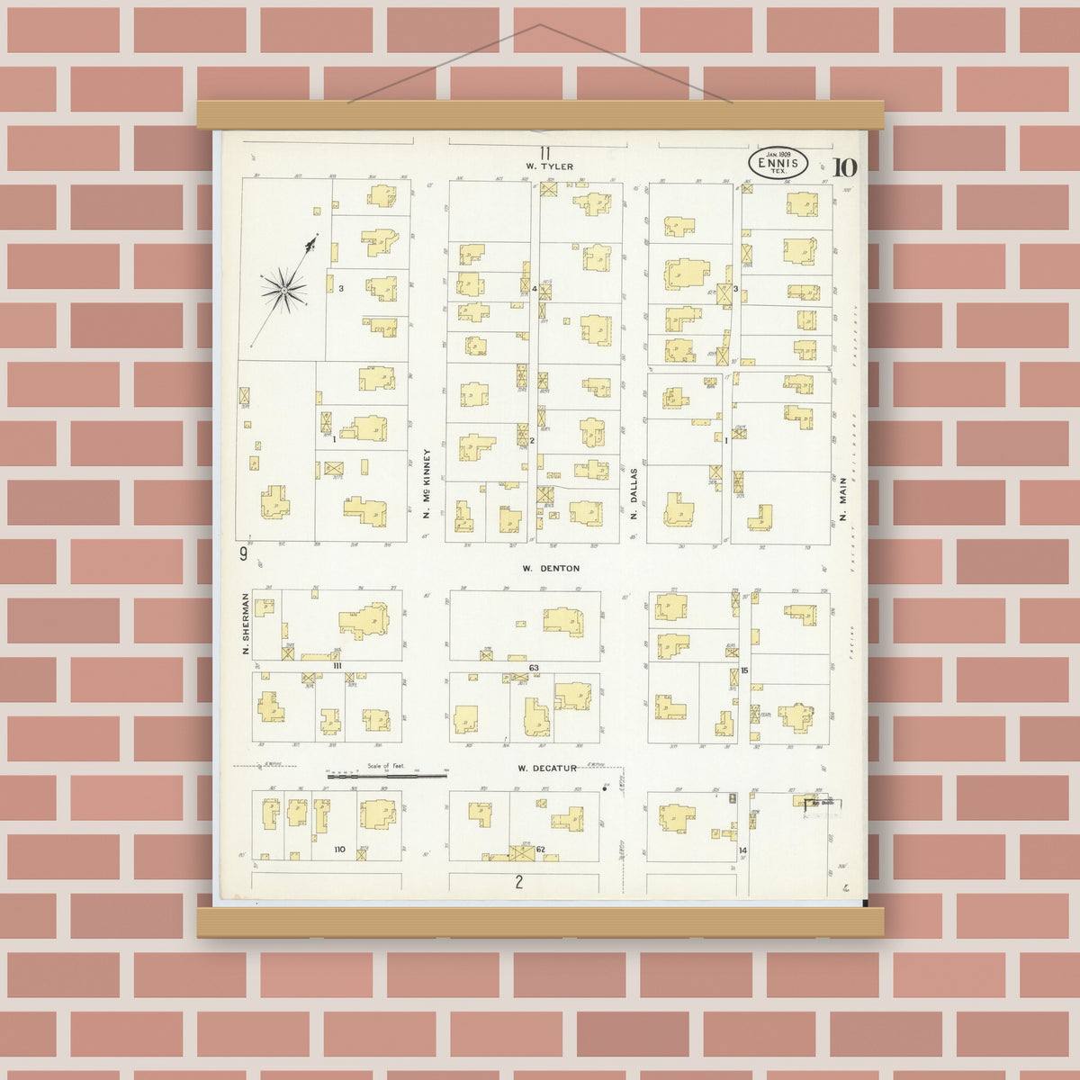 Old map wall art mockup — magnetic wood frame on brick wall — Sanborn Fire Insurance Map from Ennis, Ellis County, Texas (1909), Sheet #0010