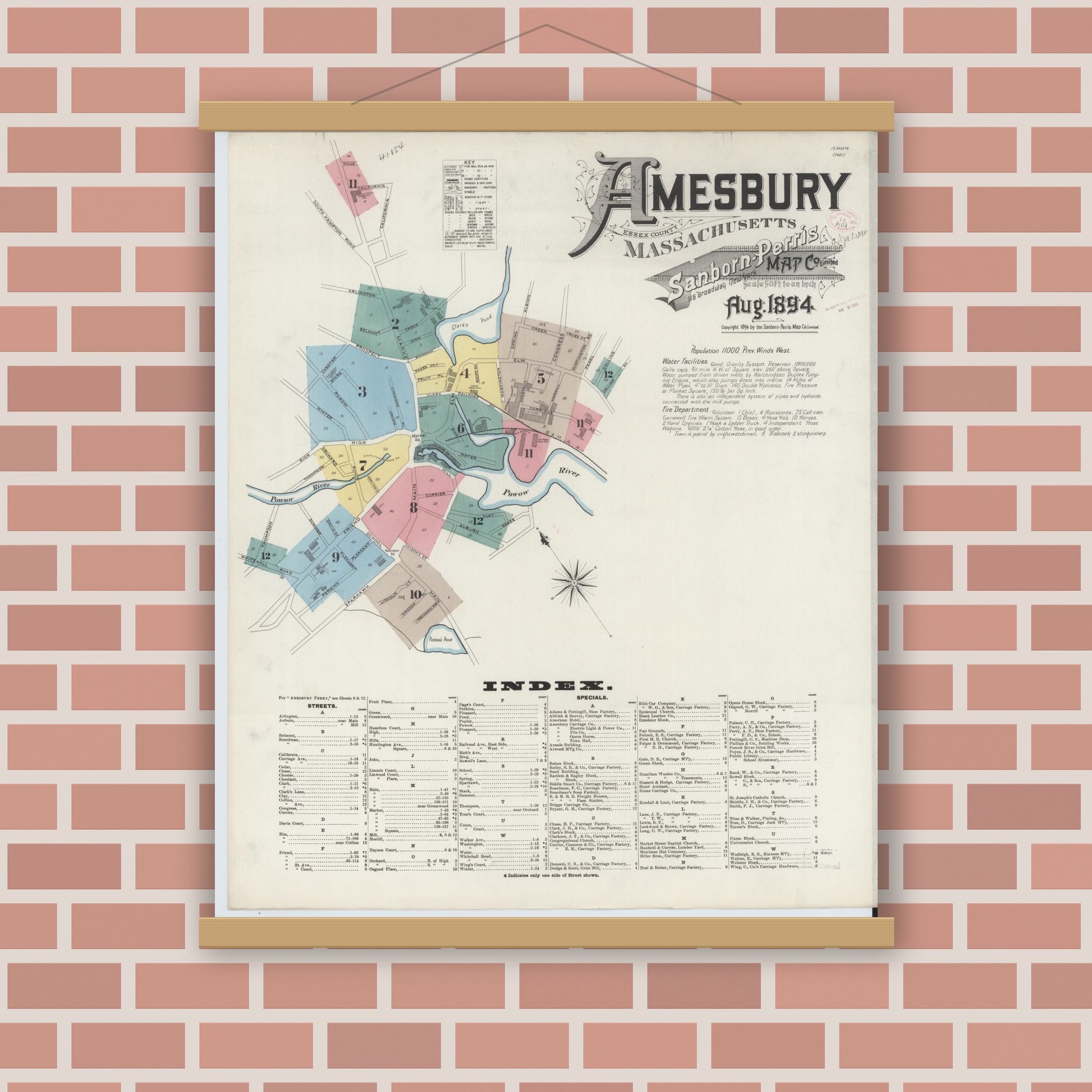 Old map wall art mockup — magnetic wood frame on brick wall — Sanborn Fire Insurance Map from Amesbury, Essex County, Massachusetts (1894), Sheet #0001