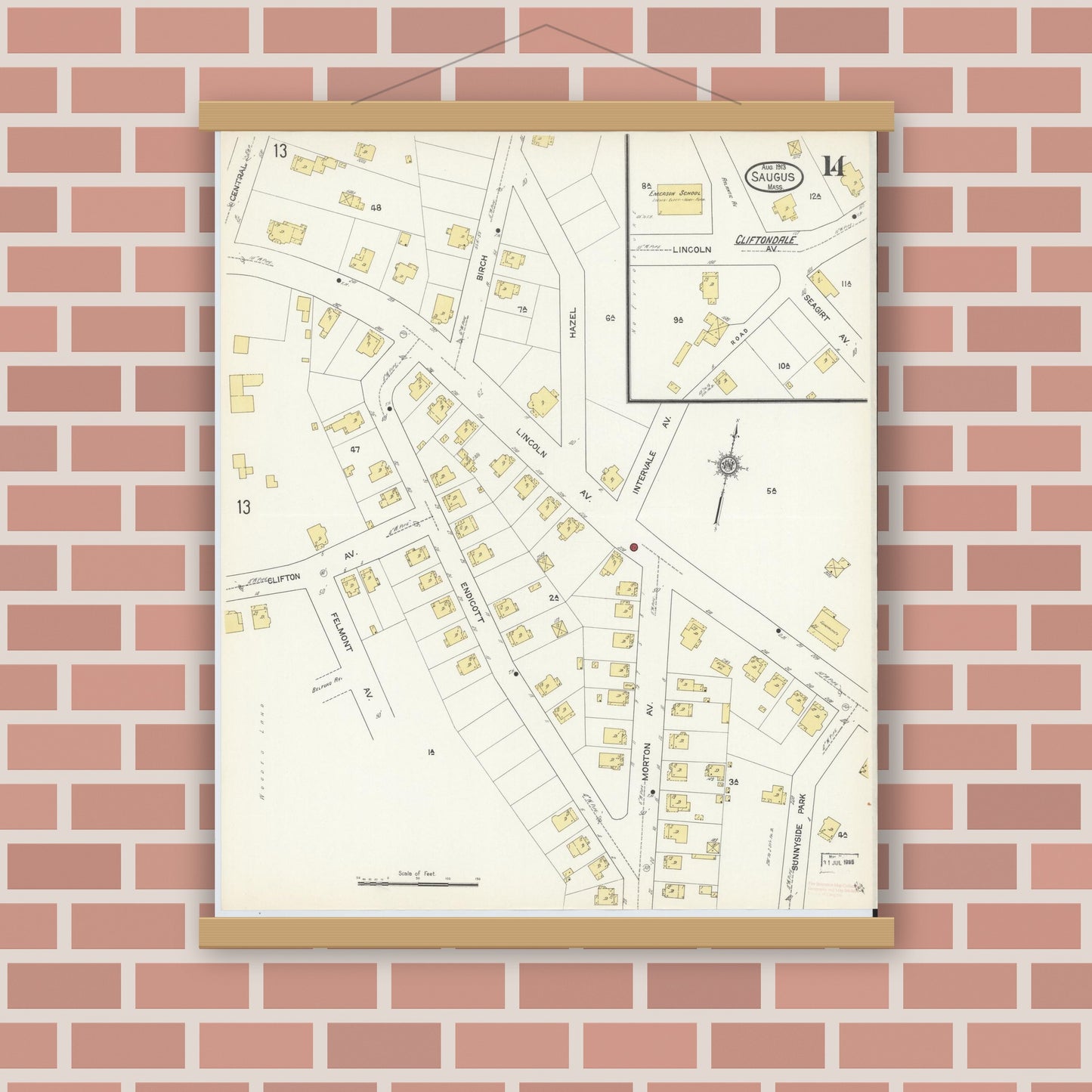 Old map wall art mockup — magnetic wood frame on brick wall — Sanborn Fire Insurance Map from Saugus, Essex County, Massachusetts (1913), Sheet #0014