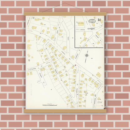 Old map wall art mockup — magnetic wood frame on brick wall — Sanborn Fire Insurance Map from Saugus, Essex County, Massachusetts (1913), Sheet #0014