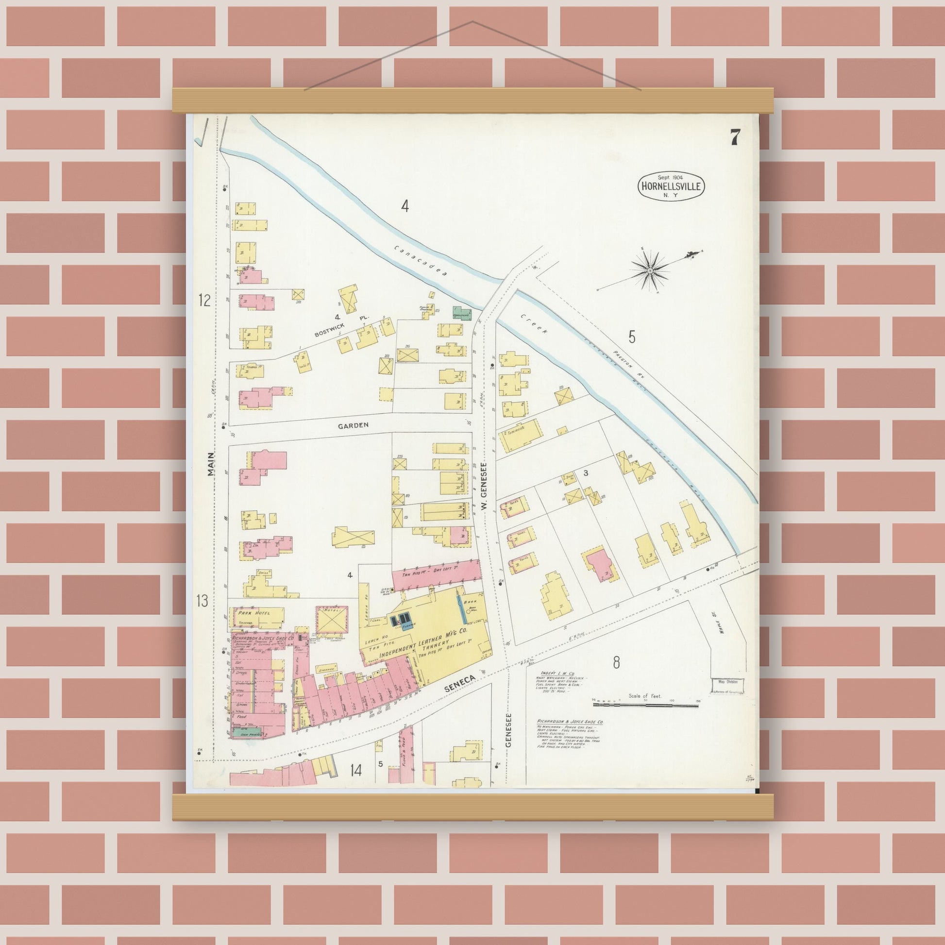 Old map wall art mockup — magnetic wood frame on brick wall — Sanborn Fire Insurance Map from Hornell, Steuben County, New York (1904), Sheet #0007