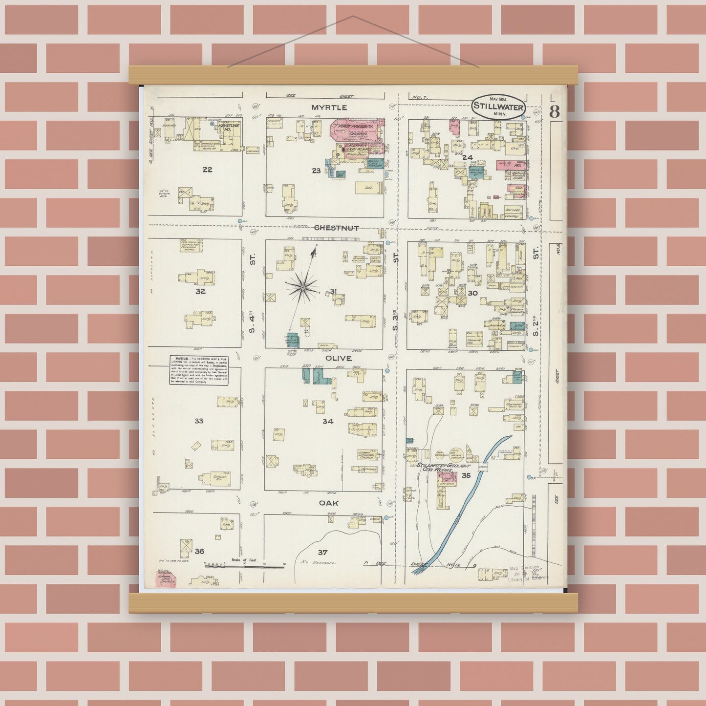 Old map wall art mockup — magnetic wood frame on brick wall — Sanborn Fire Insurance Map from Stillwater, Washington County, Minnesota (1884), Sheet #0008