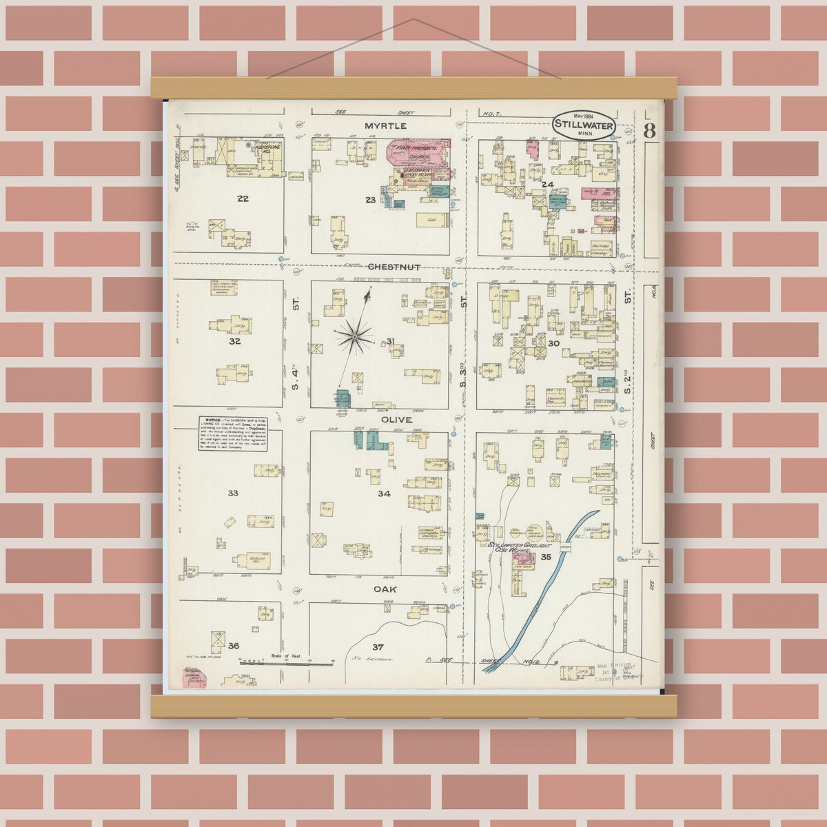 Old map wall art mockup — magnetic wood frame on brick wall — Sanborn Fire Insurance Map from Stillwater, Washington County, Minnesota (1884), Sheet #0008
