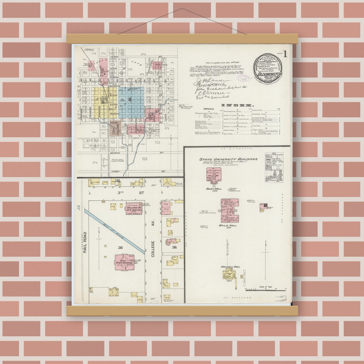 Old map wall art mockup — magnetic wood frame on brick wall — Sanborn Fire Insurance Map from Bloomington, Monroe County, Indiana (1887) - Complete Map Set