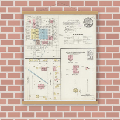 Old map wall art mockup — magnetic wood frame on brick wall — Sanborn Fire Insurance Map from Bloomington, Monroe County, Indiana (1887) - Complete Map Set