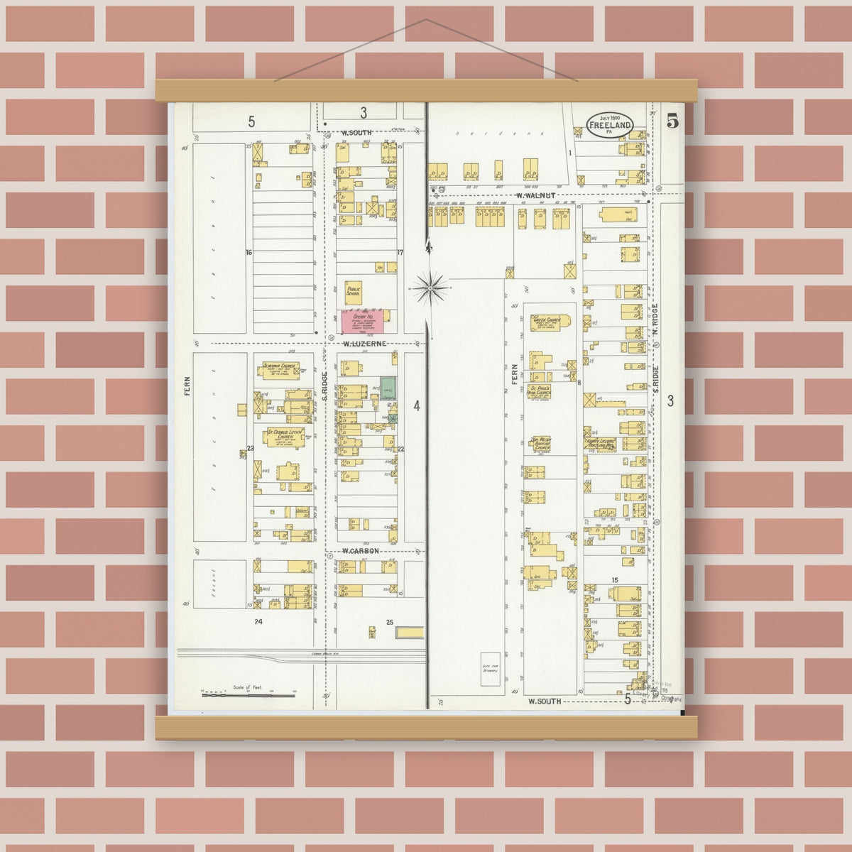 Old map wall art mockup — magnetic wood frame on brick wall — Sanborn Fire Insurance Map from Freeland, Luzerne County, Pennsylvania (1900), Sheet #0005