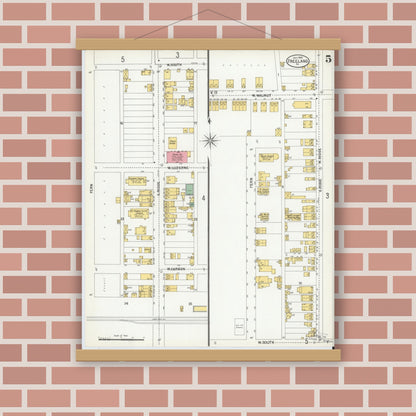 Old map wall art mockup — magnetic wood frame on brick wall — Sanborn Fire Insurance Map from Freeland, Luzerne County, Pennsylvania (1900), Sheet #0005
