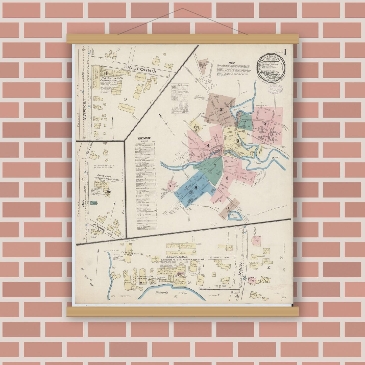 Old map wall art mockup — magnetic wood frame on brick wall — Sanborn Fire Insurance Map from Amesbury, Essex County, Massachusetts (1885), Sheet #0001
