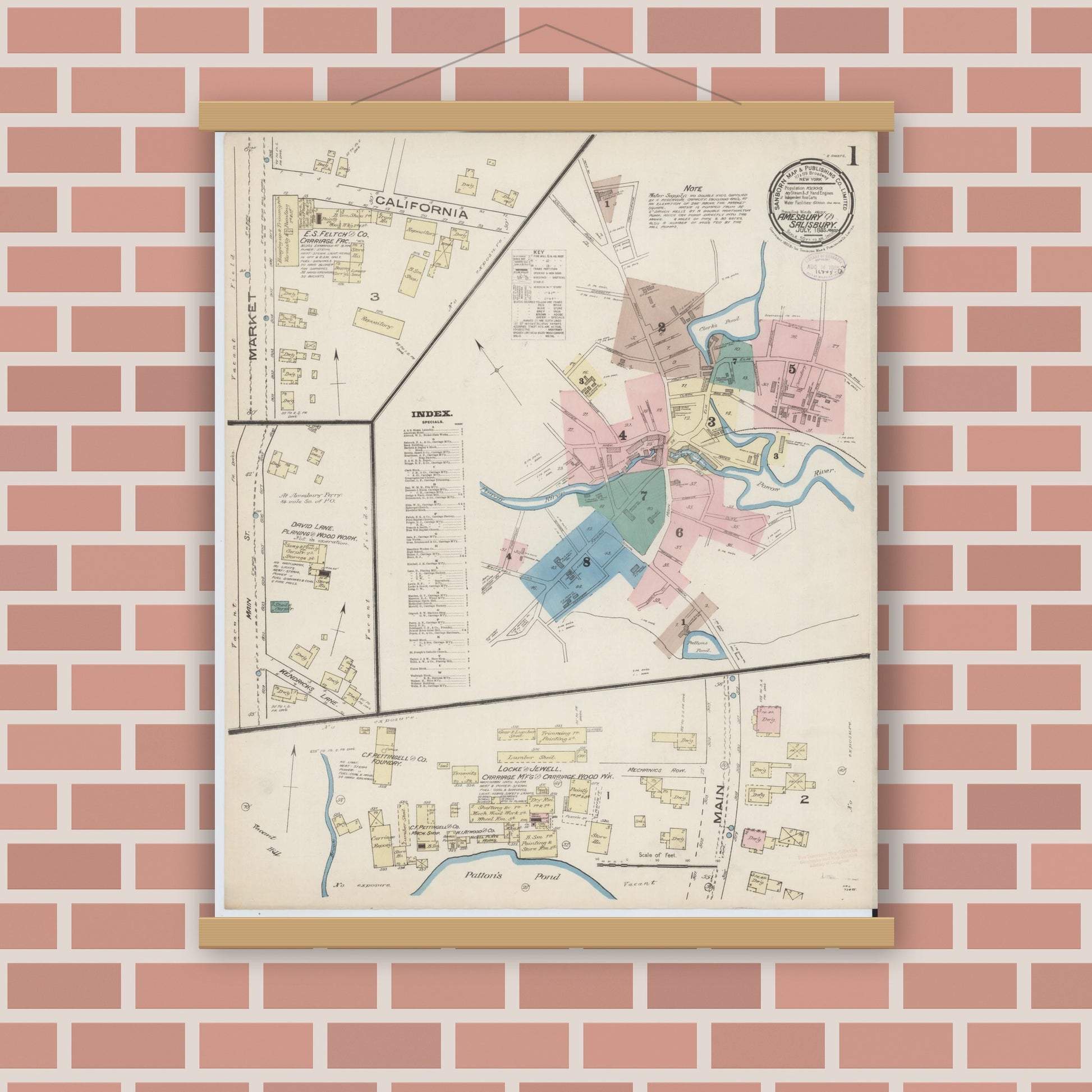 Old map wall art mockup — magnetic wood frame on brick wall — Sanborn Fire Insurance Map from Amesbury, Essex County, Massachusetts (1885), Sheet #0001