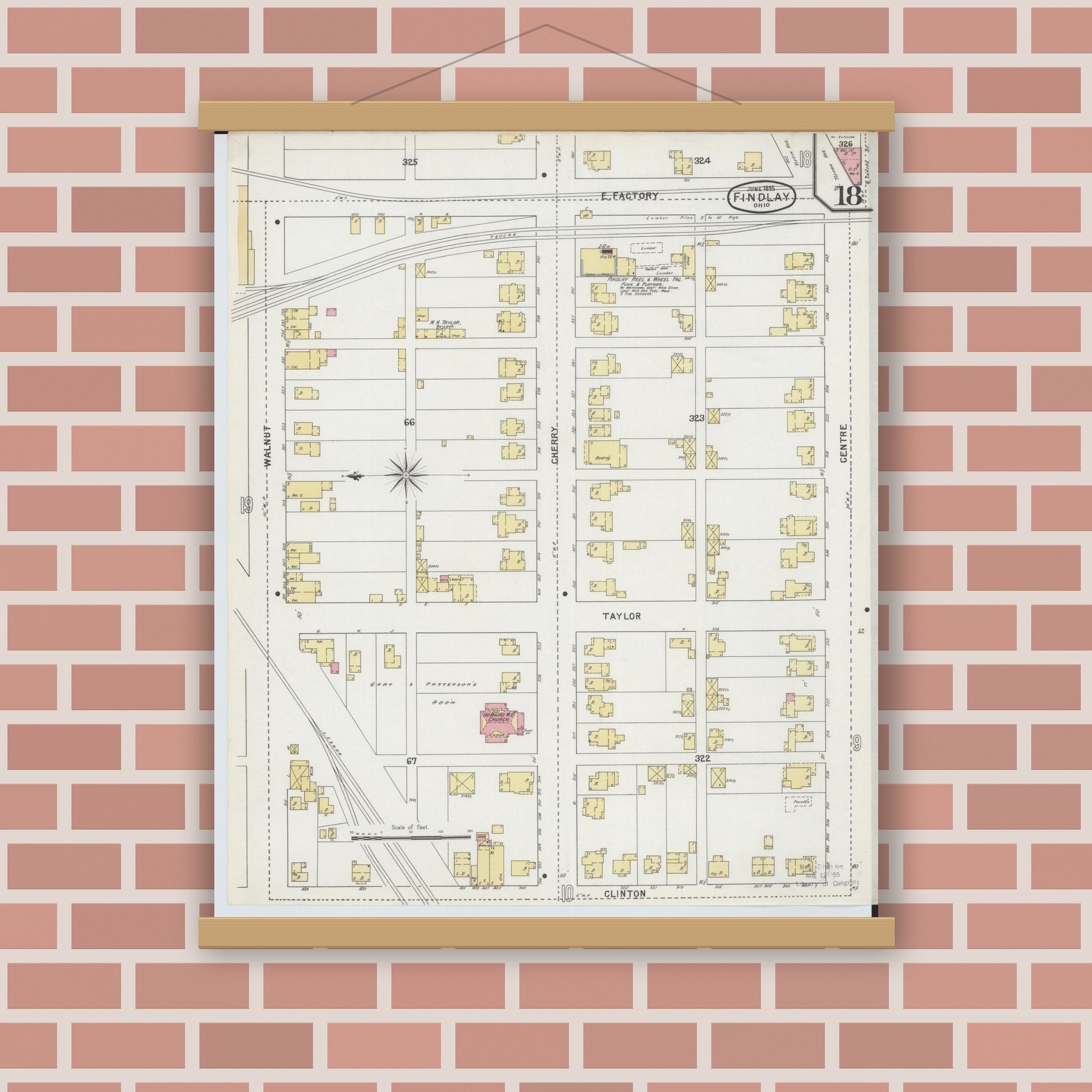 Old map wall art mockup — magnetic wood frame on brick wall — Sanborn Fire Insurance Map from Findlay, Hancock County, Ohio (1895), Sheet #0018