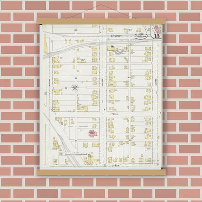 Old map wall art mockup — magnetic wood frame on brick wall — Sanborn Fire Insurance Map from Findlay, Hancock County, Ohio (1895), Sheet #0018