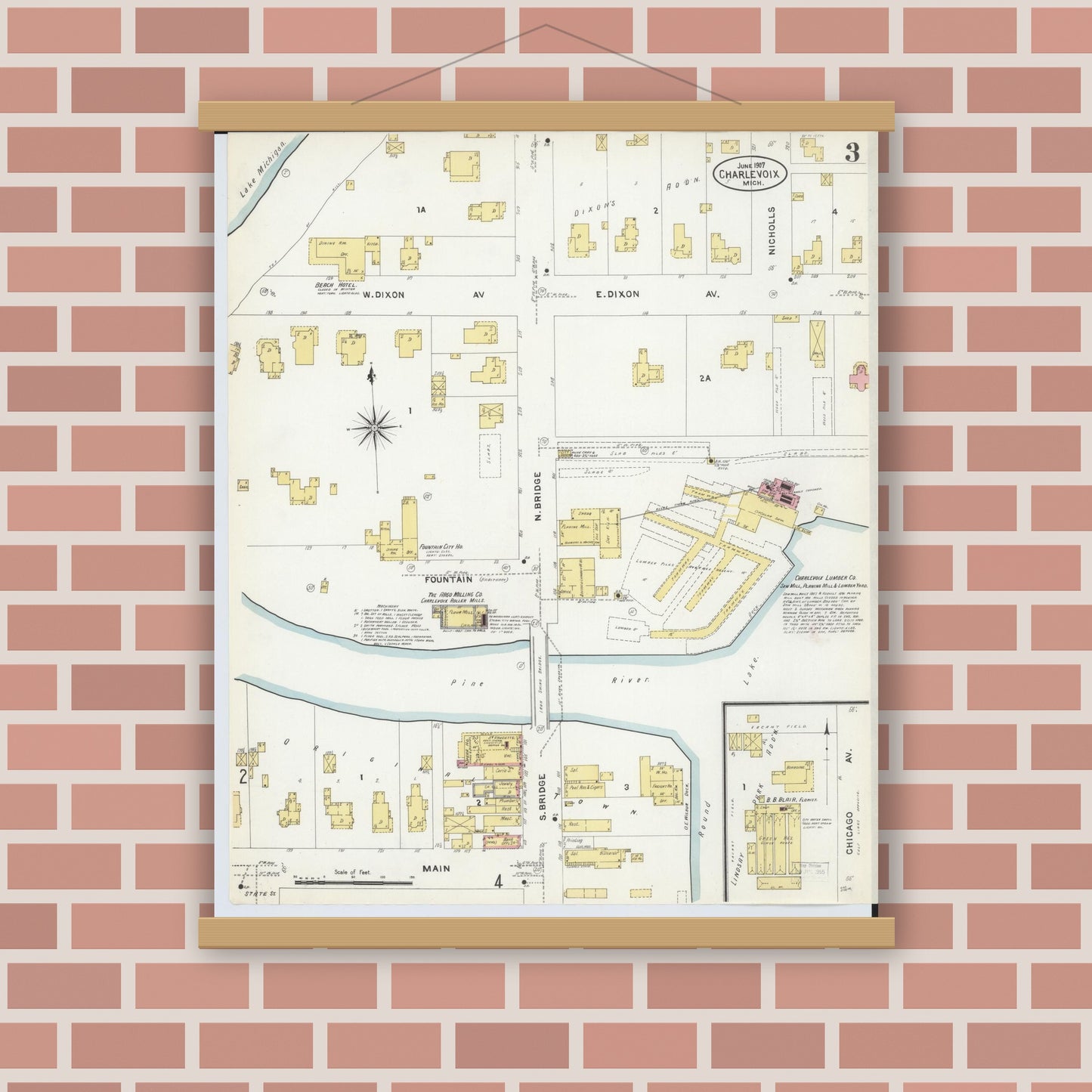 Old map wall art mockup — magnetic wood frame on brick wall — Sanborn Fire Insurance Map from Charlevoix, Charlevoix County, Michigan (1907), Sheet #0003
