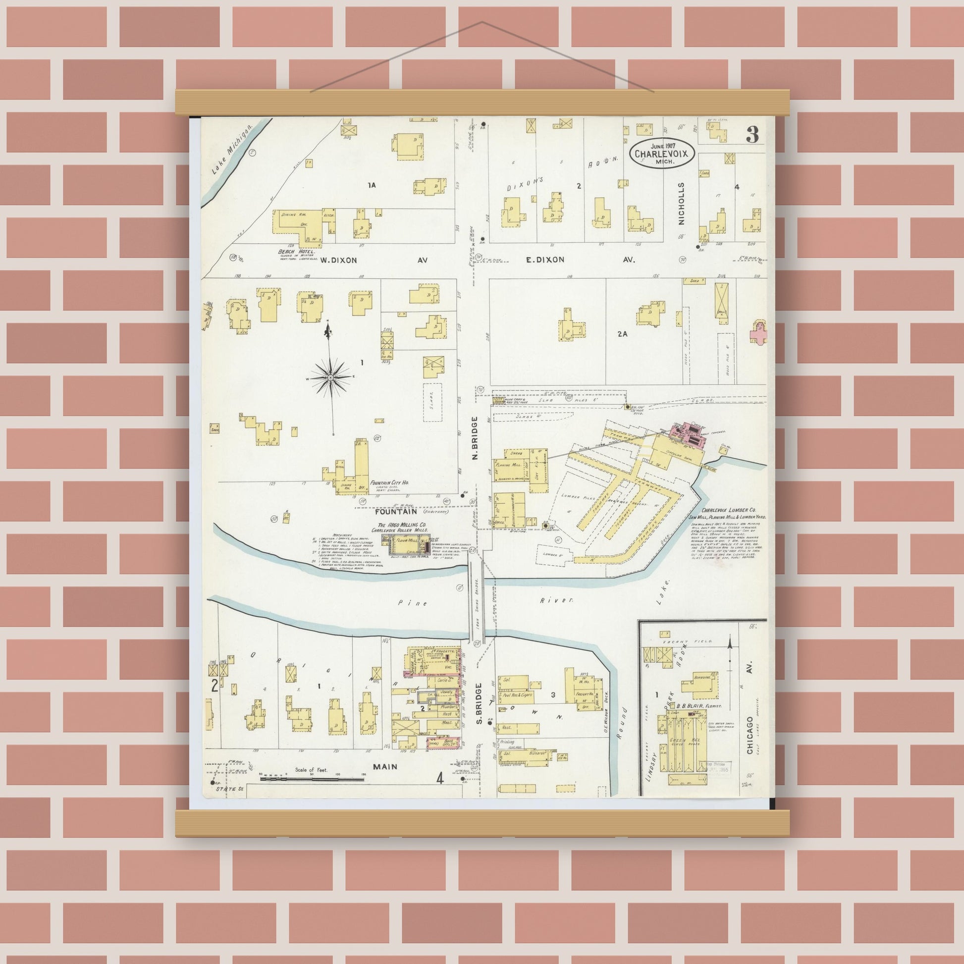 Old map wall art mockup — magnetic wood frame on brick wall — Sanborn Fire Insurance Map from Charlevoix, Charlevoix County, Michigan (1907), Sheet #0003
