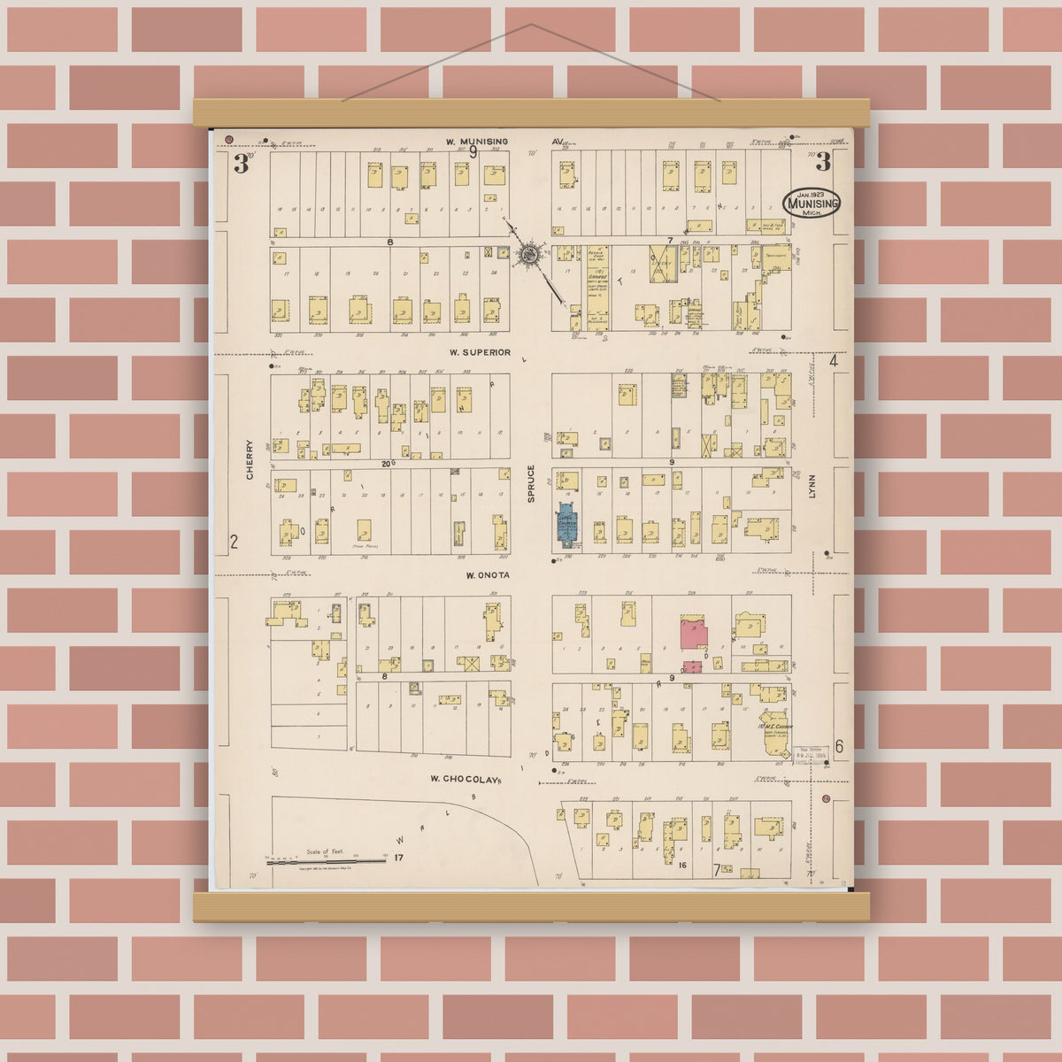 Old map wall art mockup — magnetic wood frame on brick wall — Sanborn Fire Insurance Map from Munising, Alger County, Michigan (1923), Sheet #0003