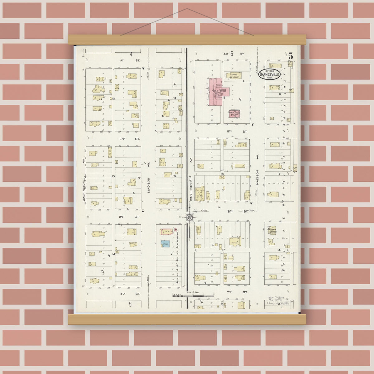 Old map wall art mockup — magnetic wood frame on brick wall — Sanborn Fire Insurance Map from Barnesville, Clay County, Minnesota (1914), Sheet #0005