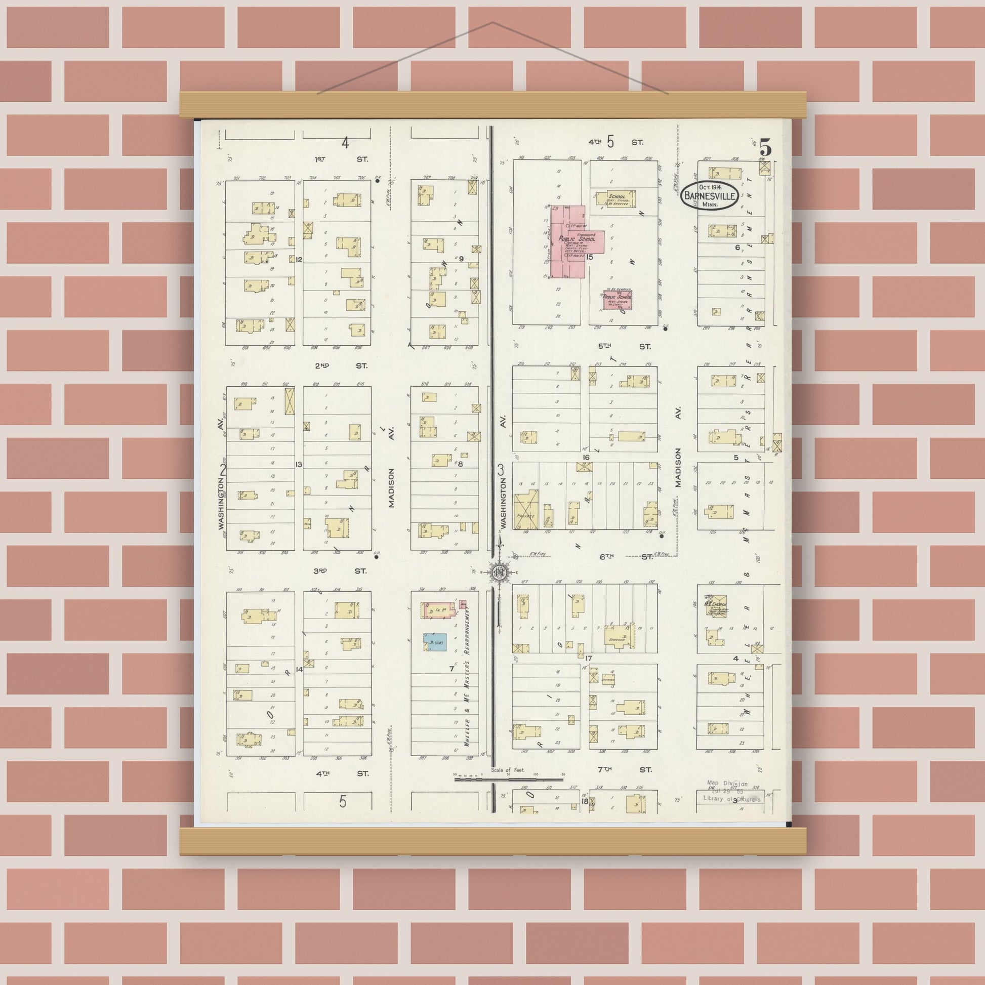 Old map wall art mockup — magnetic wood frame on brick wall — Sanborn Fire Insurance Map from Barnesville, Clay County, Minnesota (1914), Sheet #0005