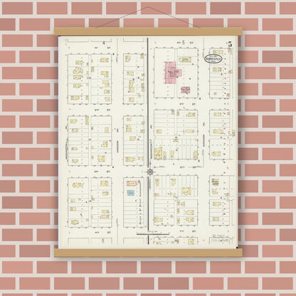 Old map wall art mockup — magnetic wood frame on brick wall — Sanborn Fire Insurance Map from Barnesville, Clay County, Minnesota (1914), Sheet #0005