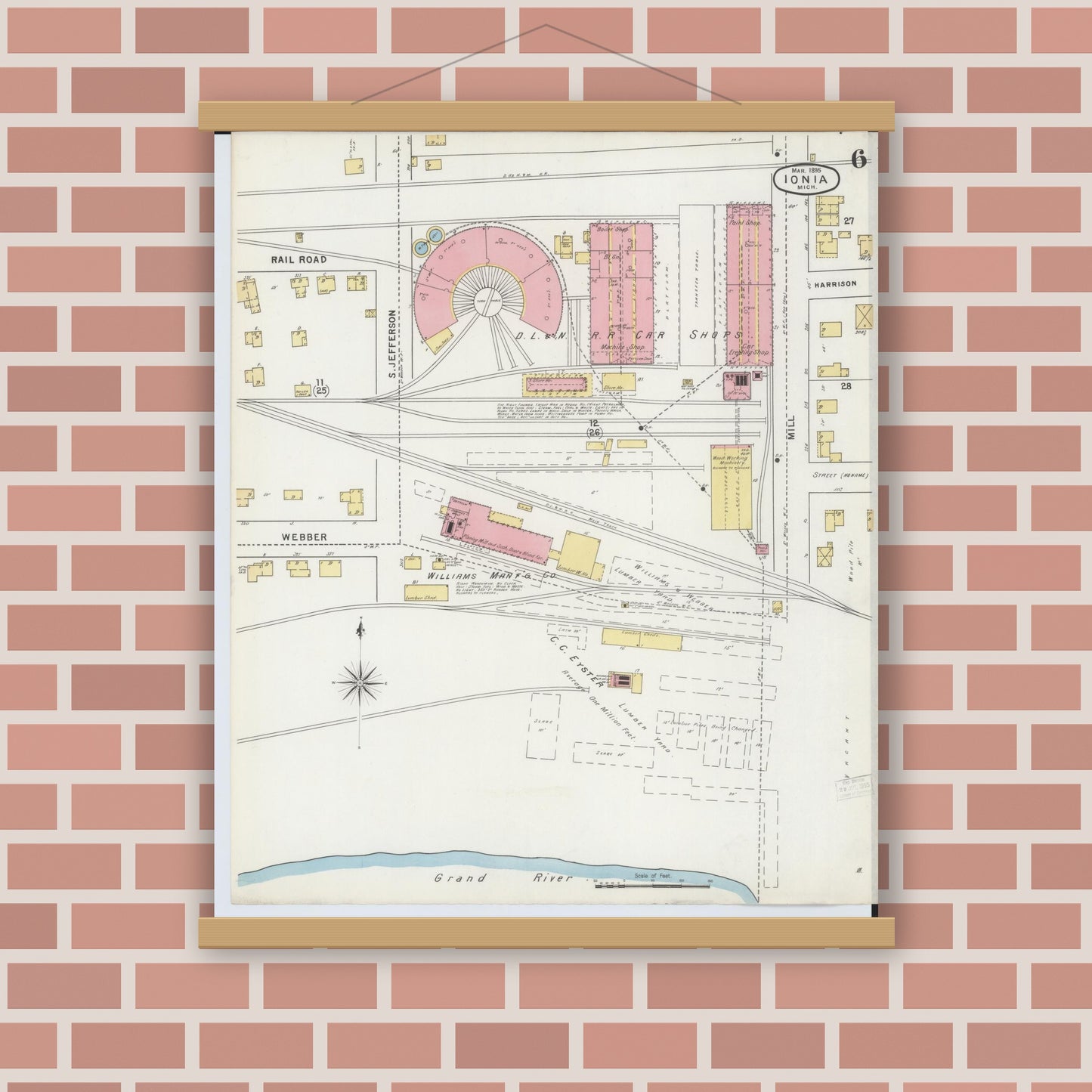 Old map wall art mockup — magnetic wood frame on brick wall — Sanborn Fire Insurance Map from Ionia, Ionia County, Michigan (1895), Sheet #0006