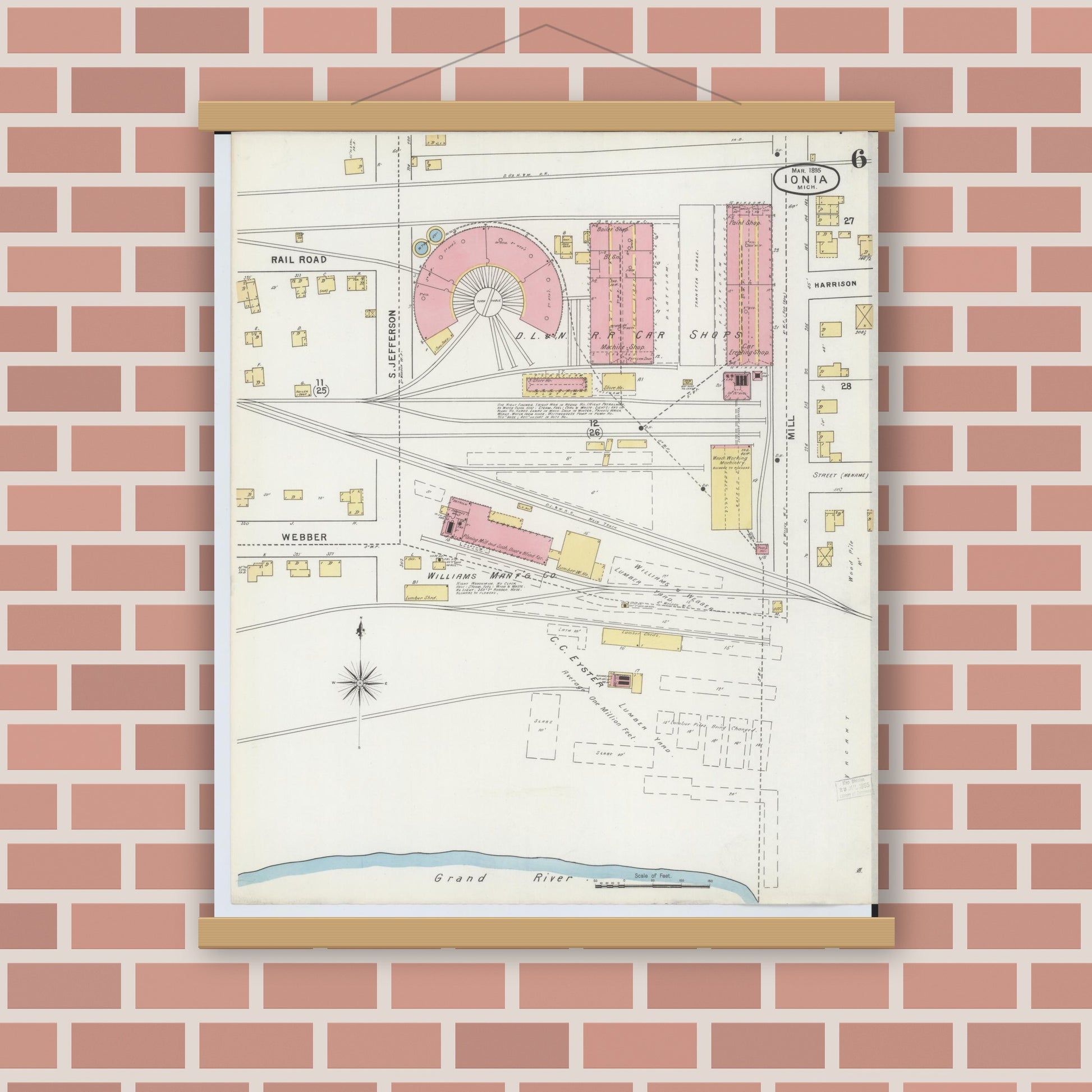 Old map wall art mockup — magnetic wood frame on brick wall — Sanborn Fire Insurance Map from Ionia, Ionia County, Michigan (1895), Sheet #0006