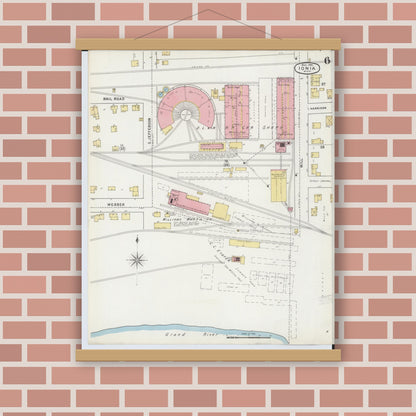 Old map wall art mockup — magnetic wood frame on brick wall — Sanborn Fire Insurance Map from Ionia, Ionia County, Michigan (1895), Sheet #0006