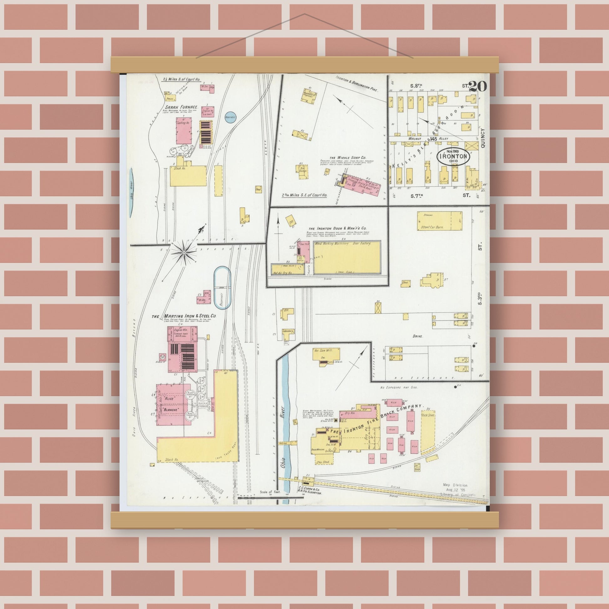 Old map wall art mockup — magnetic wood frame on brick wall — Sanborn Fire Insurance Map from Ironton, Lawrence County, Ohio (1900), Sheet #0020