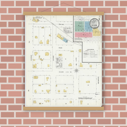 Old map wall art mockup — magnetic wood frame on brick wall — Sanborn Fire Insurance Map from Coleman, Coleman County, Texas (1898), Sheet #0001