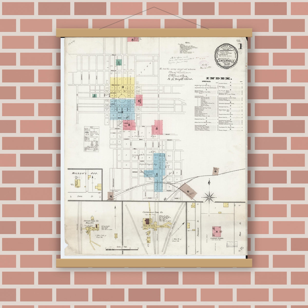 Old map wall art mockup — magnetic wood frame on brick wall — Sanborn Fire Insurance Map from Centerville, Appanoose County, Iowa (1893) â€” Complete Set